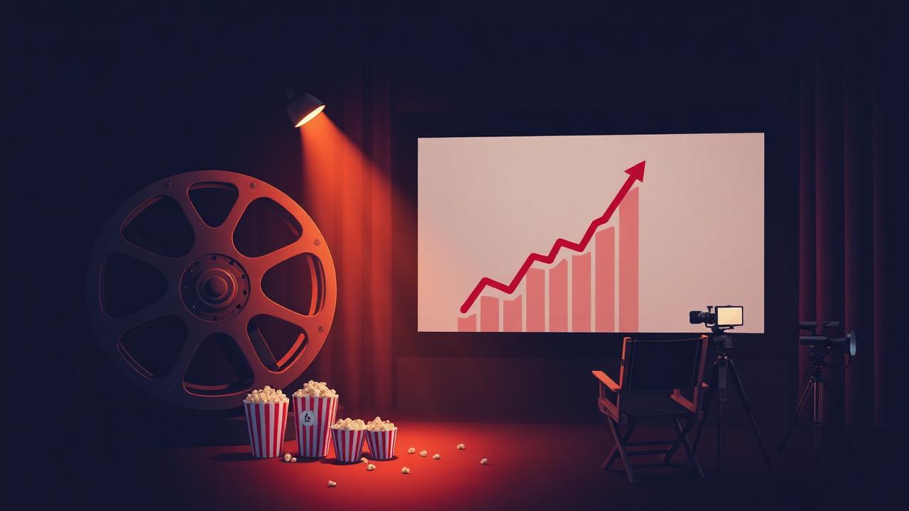 Cinema and investment theme with film reel, screen, and rising chart