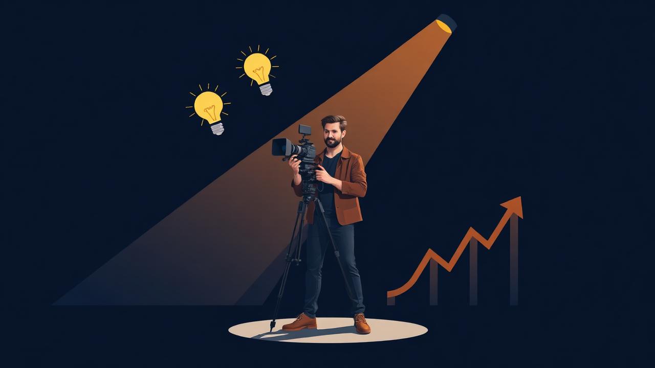 Creator entrepreneur standing in a spotlight with ideas and growth symbols